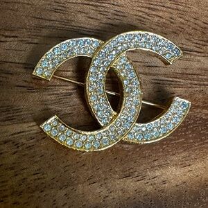 CHANEL Gold Plated CC Logos Diamond Vintage Pin Brooch #574c